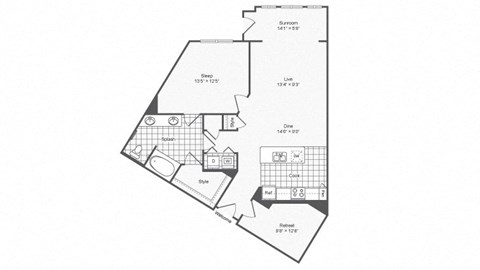 Floor plan for 1 bed, 1 bath, 1024 sqft